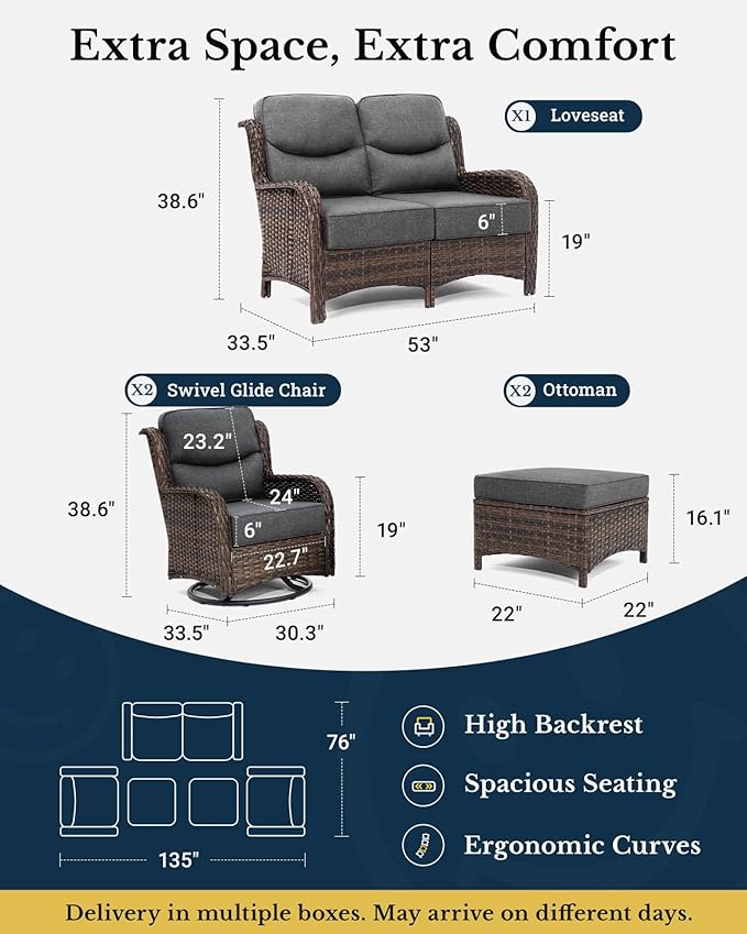HILLGA Luxury High Back Patio Furniture Set with 6-Inch Thick Cushion, 5-Piece Outdoor Conversation Set with Loveseat, Swivel Rocker Chairs & Ottomans, Ideal for Porch Pool Deck Yard (Dark Grey)