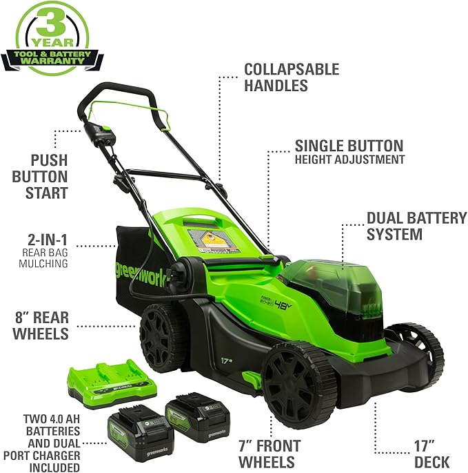 Greenworks 48V (2 x 24V) 17" Cordless (Push) Lawn Mower (125+ Compatible Tools), (2) 4.0Ah Batteries and Dual Port Rapid Charger Included
