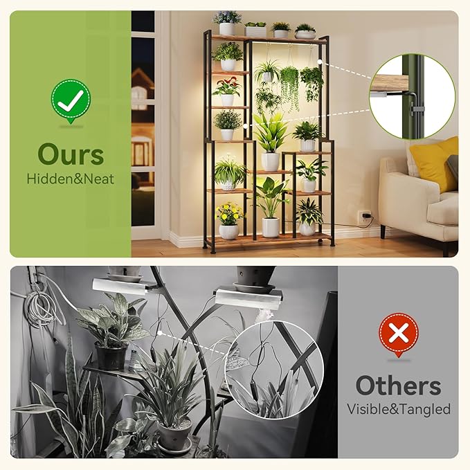 C2 Plant Stand Indoor with Grow Lights, Indoor Tiered Metal Plant Stand 70.87" Tall Plant Shelf with Hooks for Hanging, Plant Holder Display Shelves for Patio, Garden, Outdoor