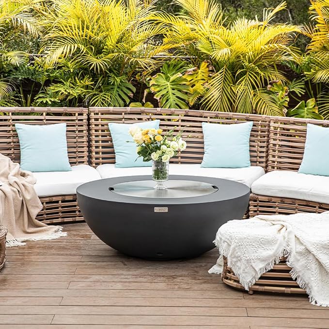 Elementi Lunar Bowl Dark Grey Fire Pit Bundle Outdoor Firepit Set Includes 42” Natural Gas Concrete Firepit, Glass Windscreen, Stainless Steel Cover, Canvas Cover, Floor Mat and Beverage Tub