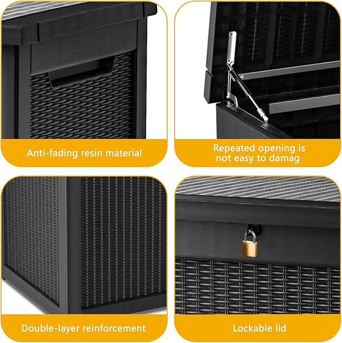 320 Gallon Deck Box, Resin Outdoor Indoor Waterproof Storage Box, Lockable Storage Box With Handle for Patio Furniture - Garden Tools - Swimming Pool Tools UV-Resistant, Black
