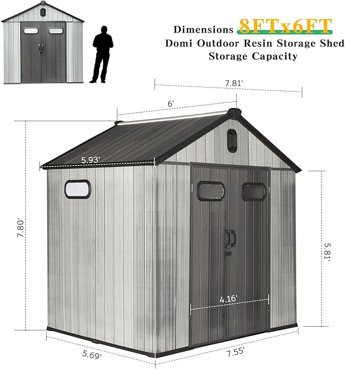Domi 8x6FT Resin Outdoor Storage Shed with Lockable Door, Waterproof Outside Sheds with Windows & Vents, Heavy-Duty Plastic Tool Storage Shed for Patio Furniture, Lawn Mower, Bike