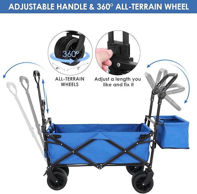 AthLike Extra Large Collapsible Wagon w/Removable Canopy, 250lbs/262L Capacity Foldable Garden Cart w/Rear Storage, Heavy Duty Push&Pull Utility Camping Beach Stroller w/Big Wheel&Adjustable Handles