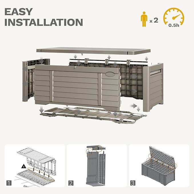 DWVO Large Deck Box 120 Gallon Waterproof Outdoor Storage Box, Extra Large Storage Bin, Resin Louvered Patio Storage for Pillows, Garden Tools & Pool Supplies, Lockable, Light Brown