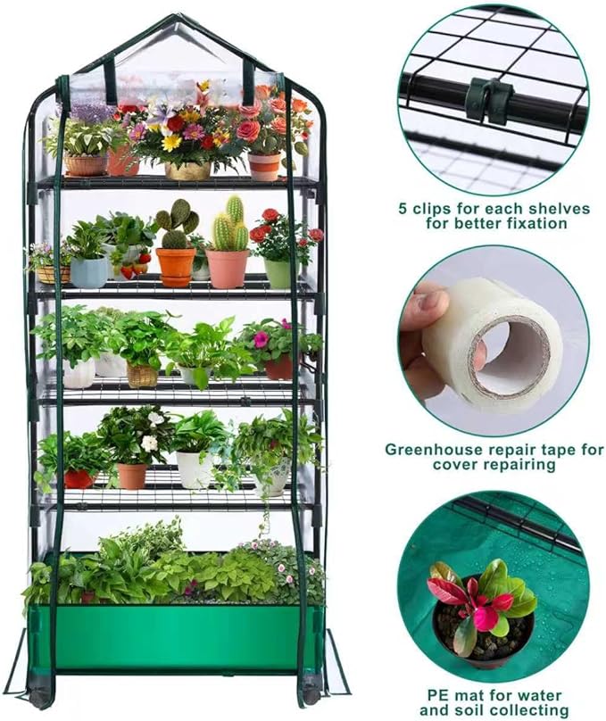 5 Tier Mini Greenhouse with Wheels for Indoor Outdoor, Portable Green House with PVC Cover and Shelves for Seedling, Greenhouse with Waterproof Mat and Cover Tape, Gardening Gifts for Women Men