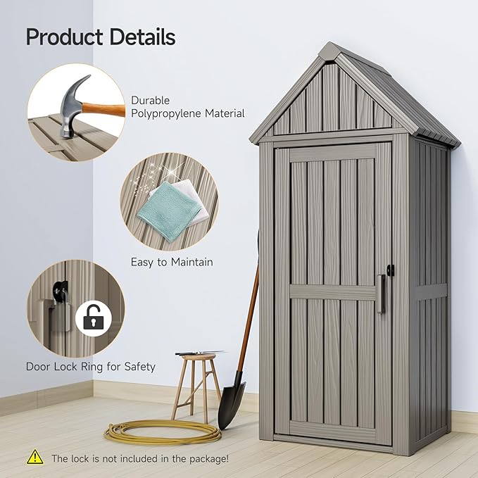 Multifunctional Storage Shed, Outdoor Storage Cabinet with Hooks and Lock Ring, Waterproof Outdoor Storage Shed for All Weather, Tool Outdoor Shed for Patio Lawn and Garden