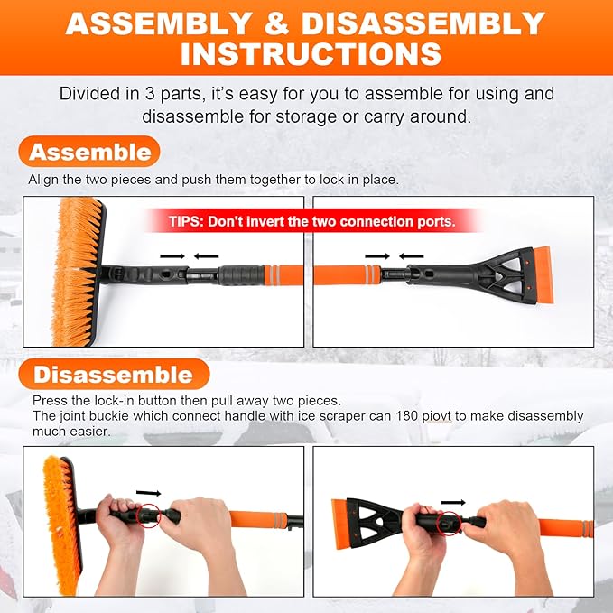 2 Pack Ice Scrapers for Car Windshield, 2-in-1 Snow Scraper and Snow Brush for Car SUV Truck, Car Ice Windshield Scraper for Ice and Snow with 360° Pivoting Brush and Ergonomic Foam Grip Orange