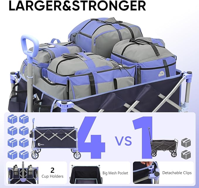 Collapsible Foldable Wagon Cart with 330lbs Weight Capacity, Heavy Duty Folding Wagon Cart with Big All-Terrain Wheels & Drink Holders. Blue