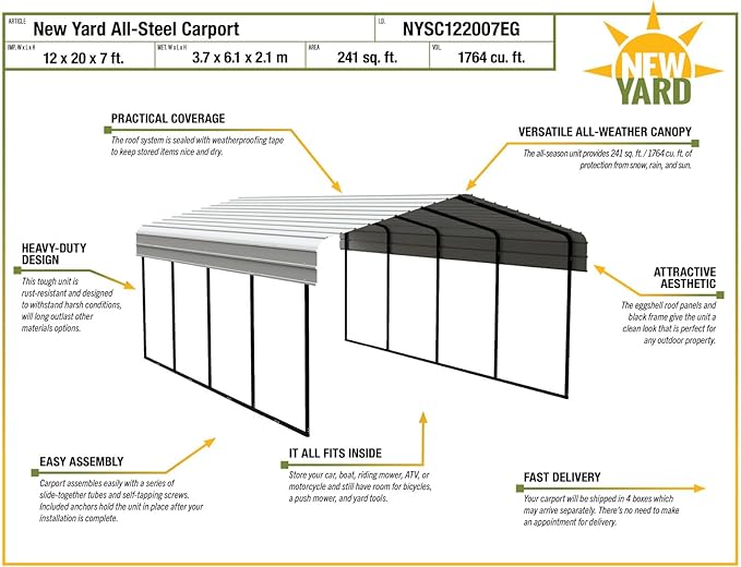 Carport 12 x 20 x 7 ft Charcoal Sturdy All-Steel Heavy Duty Canopy Shelter with Metal Frame for Parking a Car, SUV, Truck, Boat, Motorcycle, and Other Vehicles Outdoor in Your Driveway