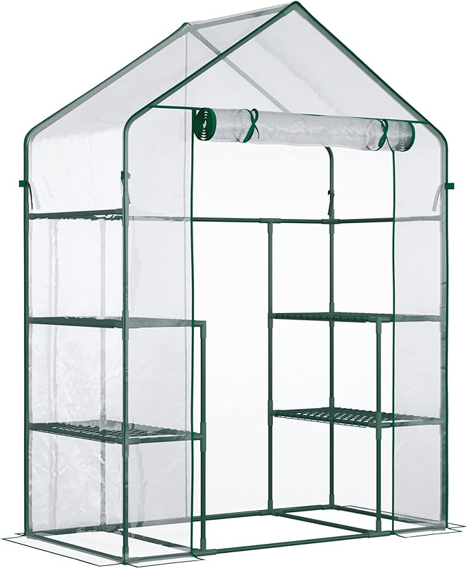 Outsunny 5' x 2.5' x 6.5' Mini Walk-in Greenhouse Kit, Portable Green House with 3 Tier Shelves, Roll-Up Door, and Weatherized Plastic Cover for Backyard Garden, Clear