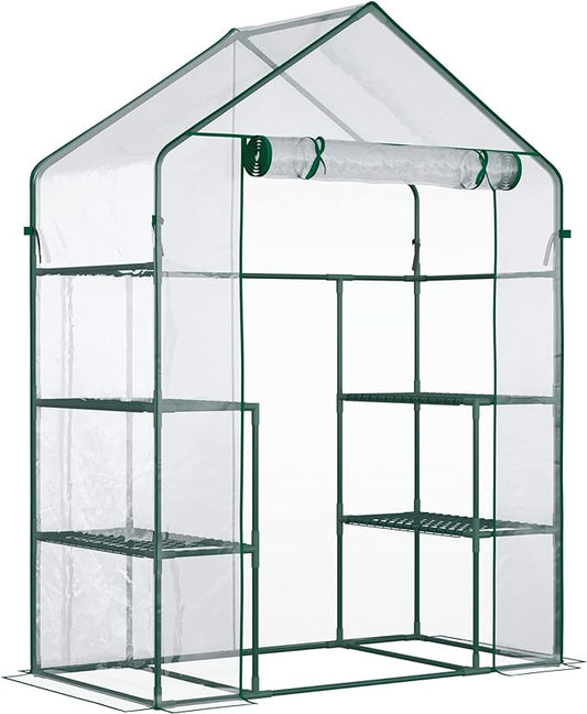 Outsunny 5' x 2.5' x 6.5' Mini Walk-in Greenhouse Kit, Portable Green House with 3 Tier Shelves, Roll-Up Door, and Weatherized Plastic Cover for Backyard Garden, Clear