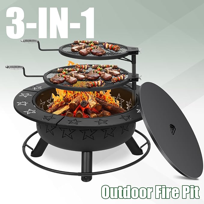 32.5" 3-in-1 Fire Pit Table with Dual Grills – Wood Burning Firepit for Outside Cooking, BBQ Grate & Round Patio Table – Includes Charcoal Pan, Log Rack,Poker & Lid for Backyard, Garden
