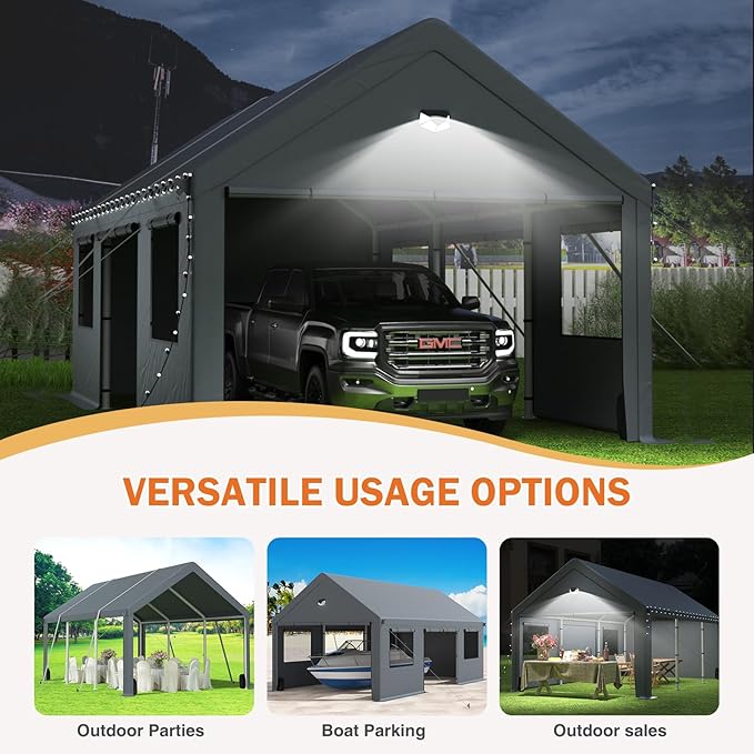 Carports 20X20 Heavy Duty，2 Car Carport with Side Doors，Extra Large Outdoor Carport Canopy，Portable Car Port Garage All Weather，Gray