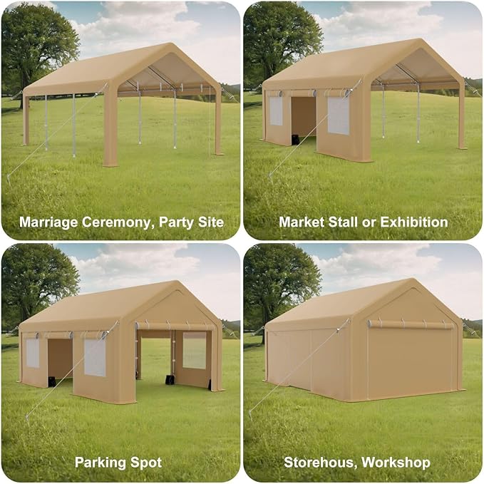 10x20FT Portable Garage, 10'x20' Carport Heavy Duty, Galvanized Frame & 180 g PE Waterproof Canopy, with 4 Doors (Included 2 Side Doors), and 4 Windows, for Pickup Truck, and Boat