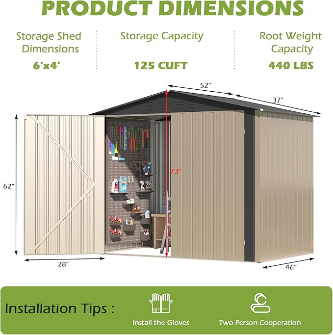Outdoor Metal Shed, 6x4 FT Metal Shed with Peaked Roof and Lockable Doors, Waterproof Outdoor Tool Storage Clearance for Garden, Backyard
