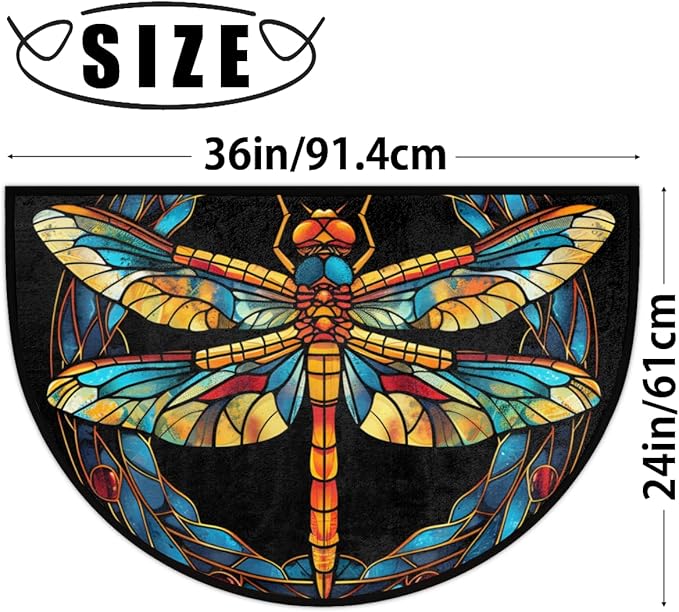 cfpolar Non-Slip Soft Half Round Door Mat, Colorful Dragonfly Semicircle Mat for Indoor Entrance Garage Bath Living Room Patio 24 x 36 in