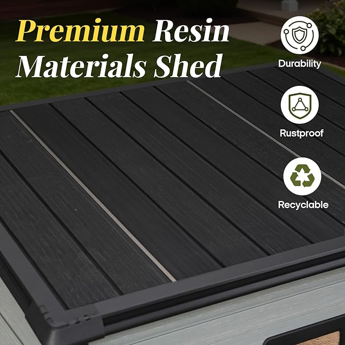 4‘x8’ Lean to Shed with Floor, Resin Storage Shed & Outdoor Storage Clearance with 2 Windows, Backyard Storage Sheds for Garden Tools, Bicycle, Black+Grey