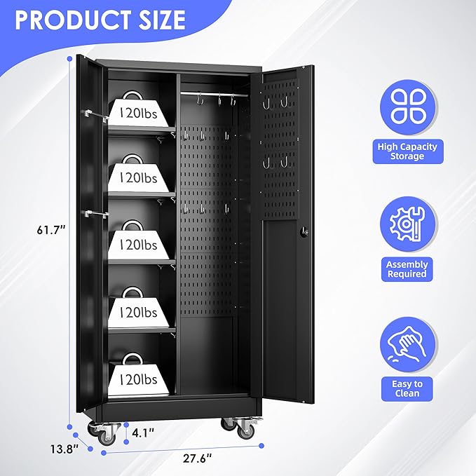 61.7" H Metal Garage Storage Cabinet with Wheels and Hanging Rod,Broom Closet Storage Cabinet with Pegboard and 4 Adjustable Shelves with 120LBS for Garage Home Office School,Required Assembly,Black