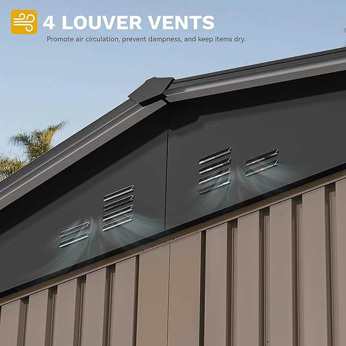 DWVO 10x8FT Outdoor Storage Shed, Spacious Metal Tool Shed with Lockable Doors & Ventilation for Patio, Lawn, and Backyard, Ideal for Storing Garden Equipment, Lawnmowers, and Bicycles, Brown