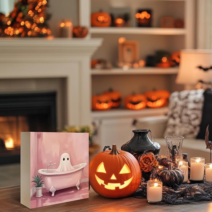 Mtrgdn Cute Halloween Decor,Halloween Decorations Indoor,Pink Ghost Bathroom Decor Wooden Box Sign,Halloween Home Office Kitchen Bathroom Bedroom Desk Table Shelf Wall Decorations,5x5 Inch