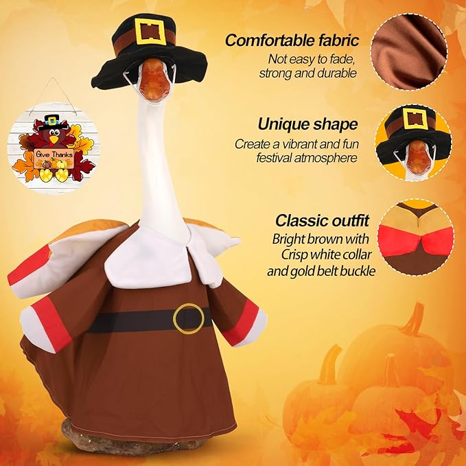 Porch Goose Outfits Pilgrim with Accessories Yard Garden Lawn Goose Clothes for Plastic Cement Goose Statue 23" H Large Fall Autumn Thanksgiving Porch Goose Costume Set for Patio Outdoor Decoration
