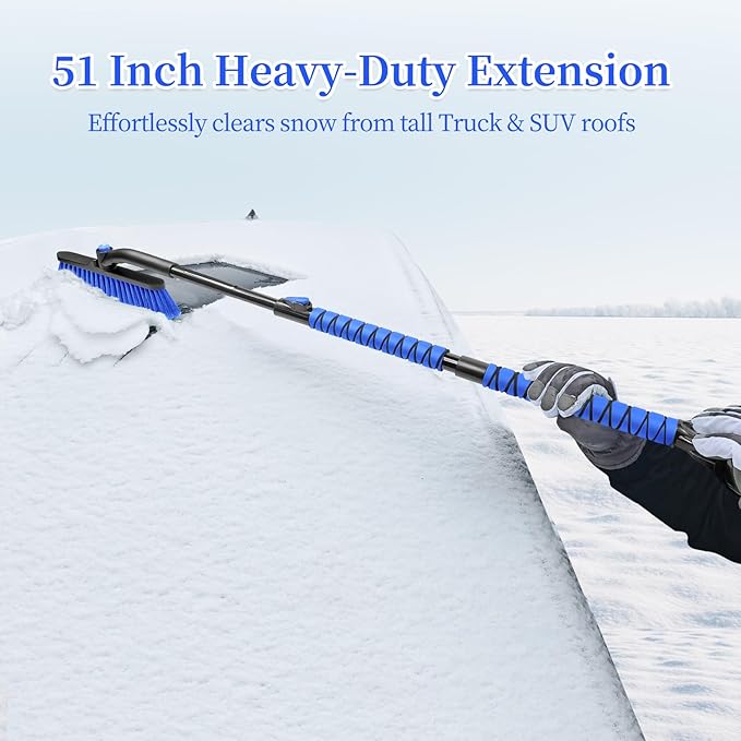 HEEYA 51 Inch Snow Brush for Trucks, Extendable Long Handle Ice Scraper with Brush with Foam Grip, SUV Heavy Duty Snow Brush with Ice Scraper for Car Auto Jeep RV Vehicle Windshield Window - Blue
