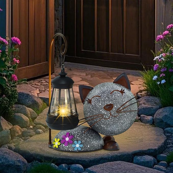 Glintoper Solar Garden Statue Cat Figurine with Lantern, Outdoor Metal Kitten Whimsical Lawn Porch Yard Art, Mothers Day Ideal Gifts, Lighted Ornaments for Patio Pathway Yard Decoration