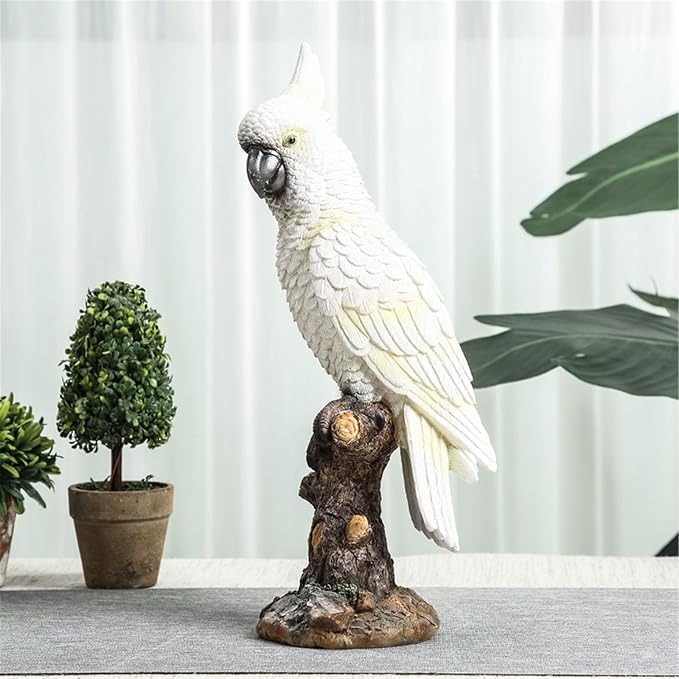 Parrot on Stump Statue Tree Hugger Garden Statues, Resin Figurines Lifelike Tropical Bird Sculptures for Patio Lawn Yard Home Desktop Decoration - White