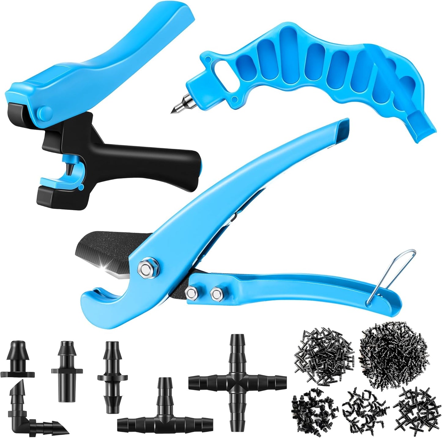 Feekoon Drip Irrigation Punch Hole Tubing Cutter Tools with Barbed Connectors, 2-in-One Drip Tubing Hole Punch for 1/4 Inch Fitting 16 20 25 mm PE Pipe and Emitter(230 Irrigation Plugs)