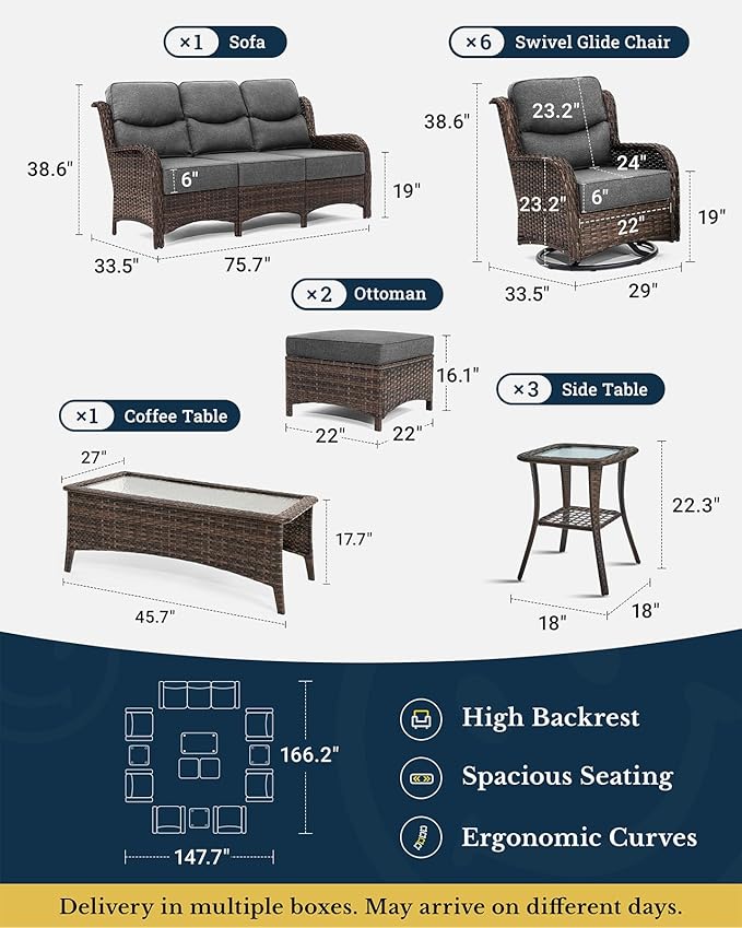 HILLGA Luxury Patio Furniture Set with 6-Inch Thick Cushions, High Back Outdoor Swivel Rocker Chairs and Patio Couch, 13-Piece All Weather Conversation Set for Porch Deck Pool Yard, Dark Grey (V3)