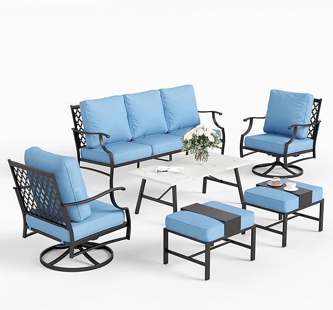6 Piece Metal Outdoor Patio Furniture Set, Patio Conversation Sets 1 3-seater Sofa, 2 Swivel Chair, 2 Ottomans with 5.75" Thick Cushion and Coffee Table, Black Backyard Furniture, Blue