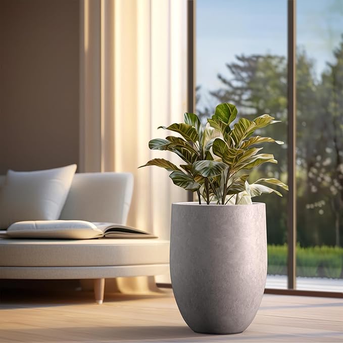 Kante Tall Concrete Planter, 21.7-Inch Height Light Gray Large Indoor Outdoor Plant Pot with Drainage Hole for Patio Garden Home, Modern Decor for Flowers and Tree