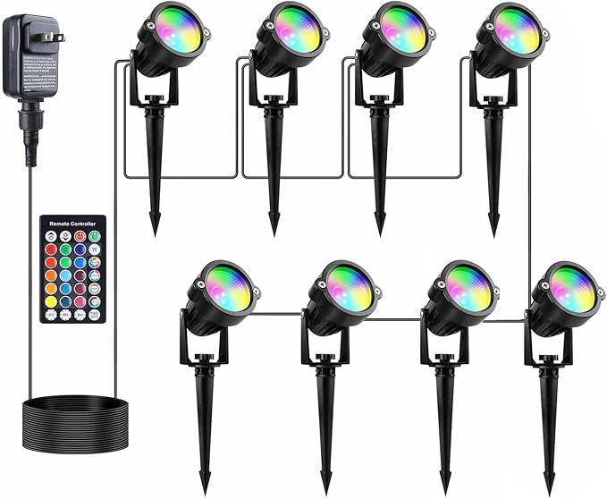 Yard Spot Lights Outdoor, Color Changing Spotlights Timer IP65 Waterproof LED Landscape Lighting with Remote Dimmable Pathway House Garden Lawn Uplights (8 in 1)