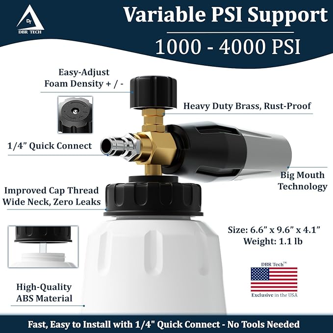 Foam Cannon for Pressure Washer, 1.1mm Orifice, 1000-4000 PSI, 1/4 Inch Quick Connector, Wide Neck and Adjustable Spray, Heavy Duty Car Snow Foam Blaster for Superior Foaming & Deep Clean, Grey