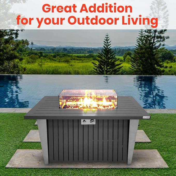 SereneLife Outdoor Propane Fire Pit Table - CSA/ETL Certified 50,000 BTU Pulse Ignition Weatherproof Rectangle Propane Gas Fire Table w/Adjustable Flame - Glass Rocks Wind Guard, Black SLFPSX55