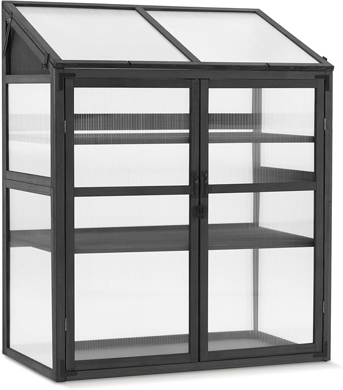 Macrout Cold Frame Greenhouse, Large Wooden Greenhouse Cabinet, Garden Cold Frame with Adjustable Shelves for Outdoor Indoor Use, 1344 (Dark Grey)