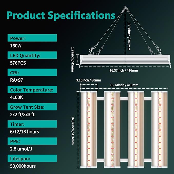 JESLED T8 1.4FT/16inch 160W Full Spectrum Plant Growing Lights with Timing Function, Plug in Suspended Fixture for Greenhouse Cultivation, 2x2/3x3ft Grow Tent Room, Laboratory Plant Cultivation