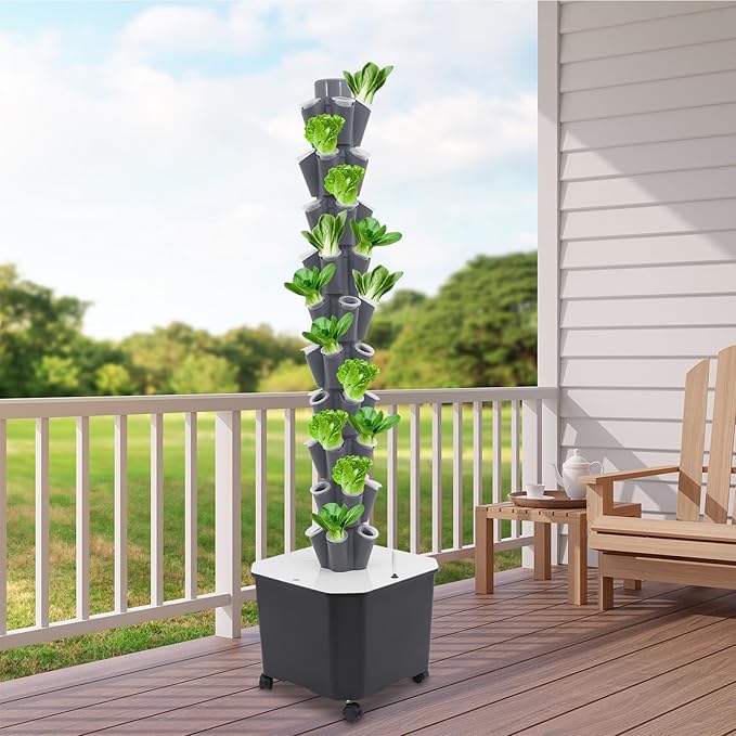 Hydroponics Tower | 10 Layer 50 Plants Indoor Vertical Tower System Kit | Vertical Hydroponic Grow Tower Aeroponic Tower for Herbs | with Pump and 11.89 GAL Water Tank | 4 Wheels | Grey