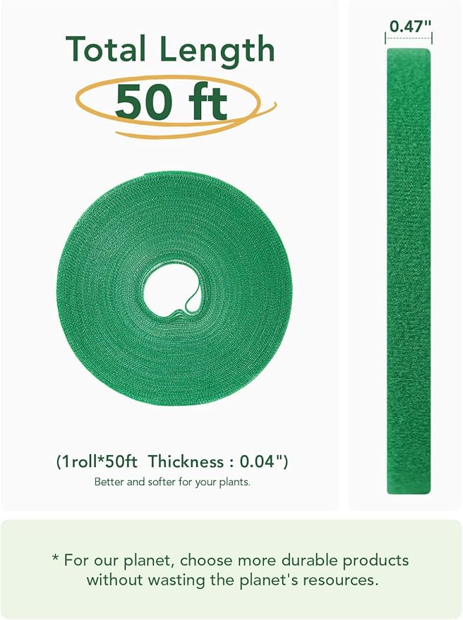 LE TAUCI Plant Ties, Garden Tape for Plant, Reusable Adjustable Thicker Support for Growing, Strong Grip, Tomato Vines Indoor Outdoor, 50 ft x 0.47 Inch, 1 roll, Green