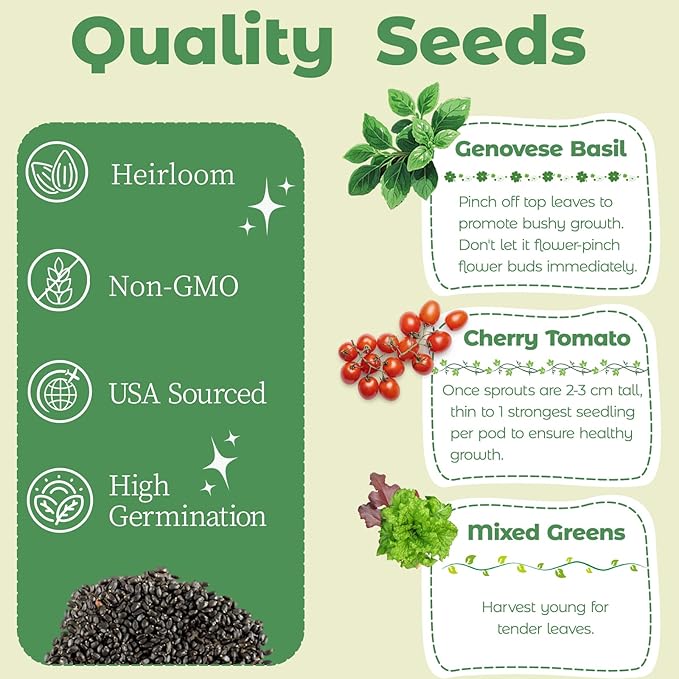 Herb & Salad Seed Pods Kit - Hydroponic Refill Pod for All Indoor Garden, 8 Grow Pods with Seeds of Genovese Basil, Cherry Tomato and Mixed Greens, Compatible with All Hydroponics Growing Systems