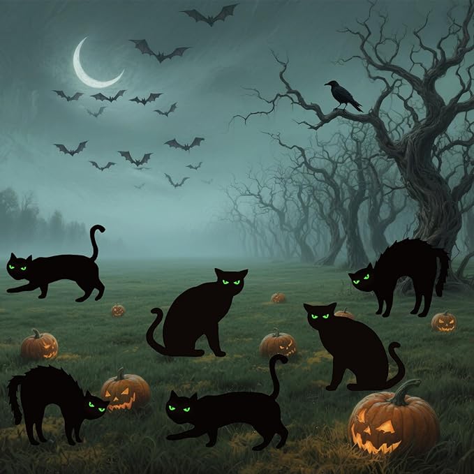 Upgraded 6 Pack Black Cat Halloween Yard Signs Outdoor with Glow in Dark Eyes，Scary Silhouette Halloween Decorations Outdoor for Pathway Graveyard Yard Garden Lawn Patio Party Supplies