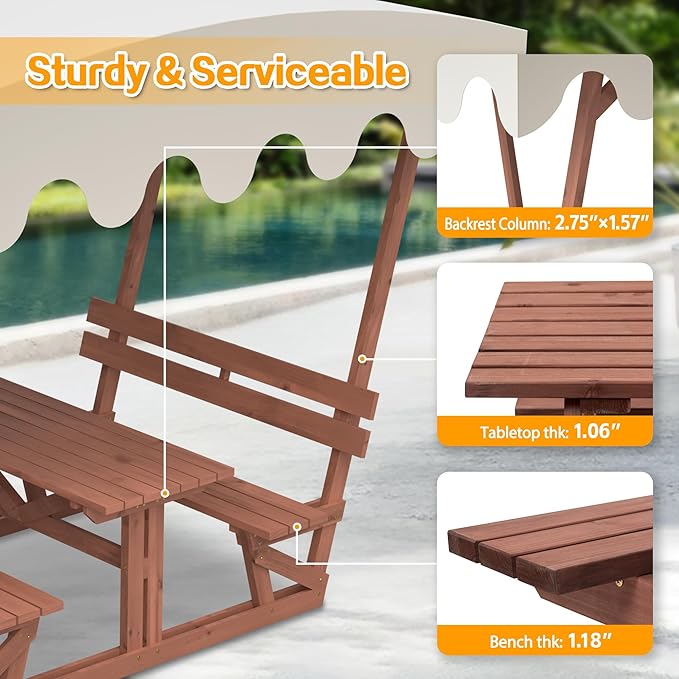 Outdoor Waterproof Solid Wood Picnic Table with Removable Canopy & Benches, Rectangle Tabletop, All-Weather for Patios, Gardens, Decks, Parks, Beaches