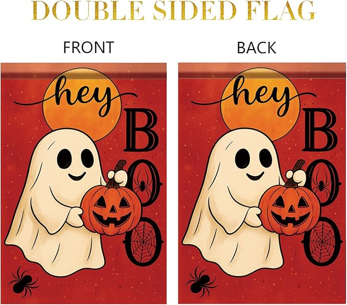 Halloween Garden Flag Hey Boo Ghost Pumpkin Flag 12x18 Inch Double Sided Outdoor Yard Banner for Trick or Treat Haunted House Fall Halloween Decoration Decor