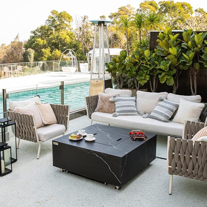 Sofia Marble Fire Pit 39.4" x 39.4" Outdoor Patio Firepit Includes Fire Glass Modern Fire Pits & Outdoor Fireplaces for Garden, Deck, Indoor & Outdoor Heating