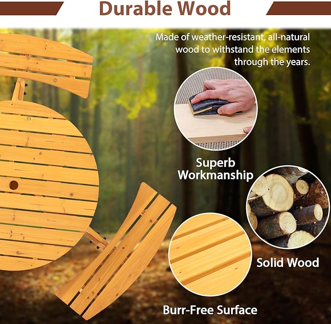6-Person Outdoor Circular Wooden Picnic Table with 3 Built-in Benches Camping Dining Table for Garden Patio Backyard,Natural Color