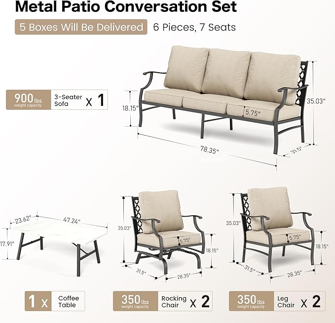 6 Piece Metal Outdoor Patio Furniture Set, Patio Conversation Set 1 3-seater Sofa, 2 Rocking Chair, 2 Leg Chair with 5.75" Thick Cushion and Coffee Table, Backyard Furniture Set, Beige