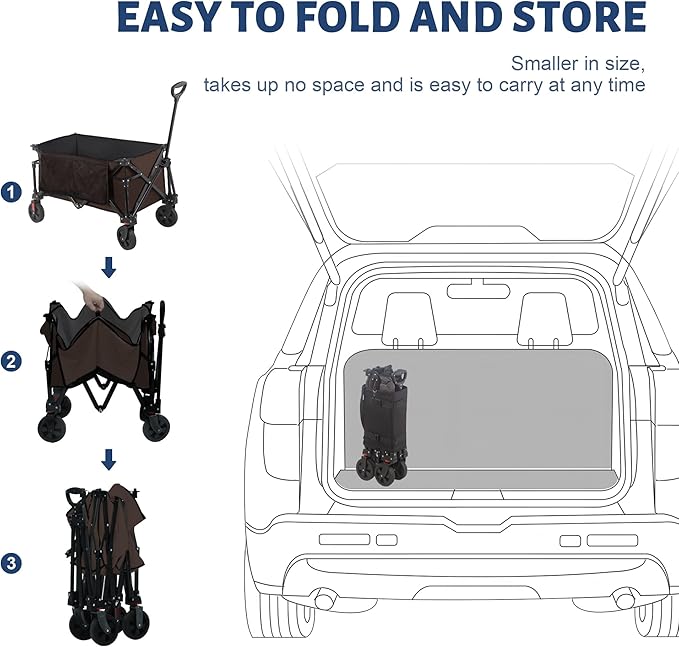 Collapsible Folding Wagon Cart, 220LBS Heavy Duty Foldable Utility Garden Cart with All Terrain Wheels & Side Storage Bag, Portable Sports Wagon for Camping, Shopping, Garden