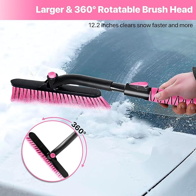 44" Ice Scraper and Snow Brush for Car Windshield with Extendable, 360° Pivoting, Soft Bristle Head, Foam Grip, for Car, Truck, SUV Window Tool (Pink)