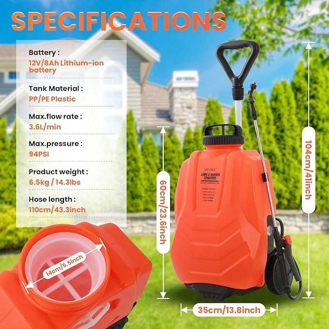 Battery Powered Backpack Sprayer 4.2 Gallon,Adjustable Wheeled Cart, 0-94 PSI,6 Hours Long Battery Life,12V 8Ah Battery,Backpack Sprayer with 10 Nozzles for Weeding, Spraying, Cleaning