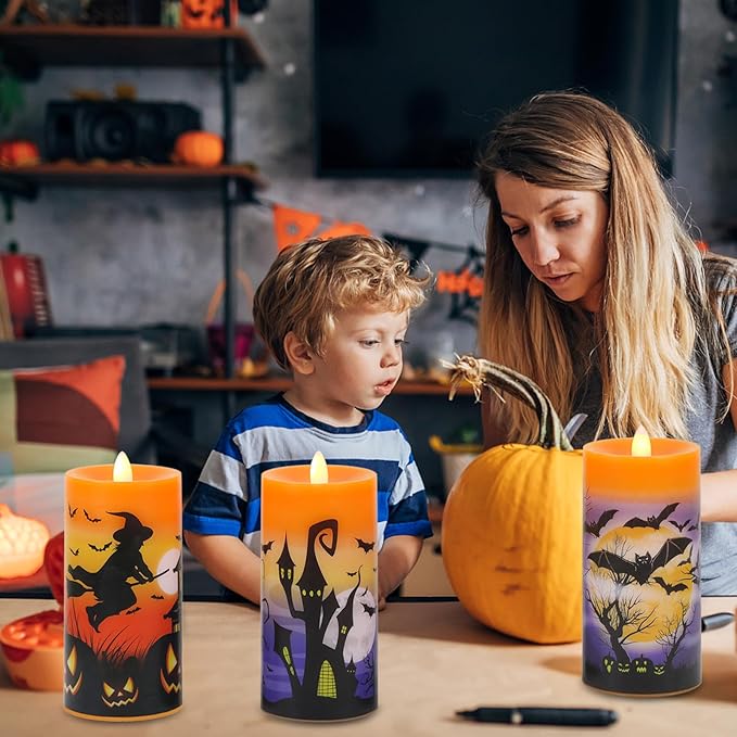 DRomance Halloween Flameless LED Candles Battery Operated with Remote and Timer, Real Wax Flickering Pillar Candles Flat Wick Dimmable Light Castle Witch Bats Holiday Decor(3 Pack, 3 x 6 Inches)